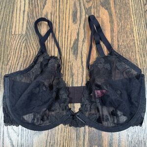 Love Vera Embroidered Heart Unlined Plunge Bra Mesh Sheer Black 32DD